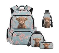 Howilath Highland Cow Large Backpack for School 4 Pcs Set with Lunch Box Pencil Holder Neoprene Water Bottle Bag Cherry Blossom Middle School 10-12 Years Bookbag