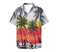Howilath Holiday Hawaiian Shirt with Coco Tree Palm Red Sunset Glow Tribal Painting Grandad Shirts Streetwear Summer Tops-4XL