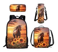 Howilath Horse Backpack for Girls 4PCS Backpacks for School Water Resistant Bookbag with Lunch Box and Pencil Case Water Bottle Pouch Holder