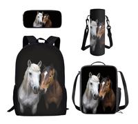 Howilath Horse Lunchbox Girls Animal Backpack with Pencil Case Water Bottle Carrier Bag 4Pc School Backpacks Set for Kids