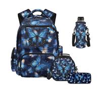 Howilath Kids Butterfly Backpack Set 4PCS with Insulated Lunch Box Pencil Case Water Bottle Sleeve Blue Backpacks for School Girls Schoolbag Mochilas Para Niña