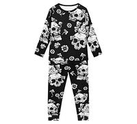 Howilath Kids' Pajama Suit Sugar Skull Flower Black Pattern 2 Pieces Nightwear Long Sleeves Sleepwear for Boys Girls-13-14