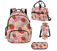 Howilath Kids Personalized Backpack Set for Girls, 4 Piece Strawberry Daisy School Backpack with Insulated Lunch Bag, Cute Bookbag for Elementary School