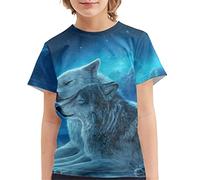Howilath Kids Teen Casual T-Shirts with Blue Starry Night Galaxy Aurora Wolf Pullovers Tops Regular Fit Short Sleeve T-Shirts Age 11-12
