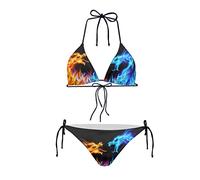 Howilath Ladies 2 Pcs Low Waisted Bikini Padded Bikini Top, Red Blue Contrast Color Fire Dragon Print String Halter Swimwear-XS