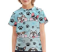Howilath Light Blue T-Shirt Cartoon Dog Husky Bulldog Puppy Paws Dog Bones Patter, Children Casual Summer Outdoor Tees Top Age 5-6