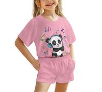 Howilath Listen to Music Panda Girls Short Pyjamas Night Wear 2 Piece Pj Sets Size 3-16 Years Cute Pajama Soft Sleep Clothes for Summer