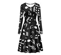 Howilath Musical Note Black Printed Women's Casual Dress Soft Skirt Comfy Twirly Long Sleeves Sundress for Musical Teacher-3XL