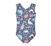 Howilath Navy Swimsuit with Cartoon Dinosaur Cute Illustration Dino Girl Bathing Suit Swimming Pool Beach Essential Swimwear, Age 9-10