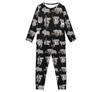 Howilath Nightwear Cute Cartoon Koala Black Sleepwear Casual Pajamas Suit Long Sleeves Lounge Wear for Youth Boys Girls-13-14