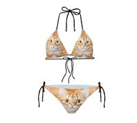 Howilath Padded Bikini Set 3D Orange Cat Animal Print, Summer Beach Funny Swimming Costume for Women Holiday Sun Bath -L