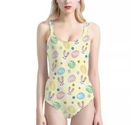 Howilath Painted Eggshell Bikini for Women Bunny Hippie Flower Swimsuit Colorful Eggs Rabbit Groovy Floral Beige Swimwear for Easter Day-L