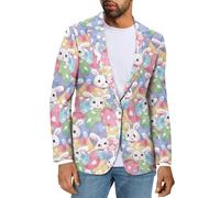 Howilath Painted Eggshell Blazer Jackets for Men Bunny Plus Size Blazer Colorful Eggs Rabbit Suit Jackets for Easter Day-M