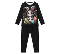 Howilath Painted Eggshell Children Pajamas Suit Rabbit Flower Sleepwear Colorful Eggs Bunny Black Nightwear for Easter Day-9-10