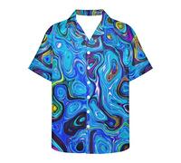 Howilath Party Wear Men's Hippy Rock Shirt, Royal Blue Abstract Art Fluid Painting Spiral Patchwork Novelty Design Funky Aloha Shirt -M