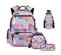 Howilath Patchwork Cat School Backpack for Girls Floral Backpack Set with Lunch Compartment Set for Elementary Primary School 4th 5th 6th Grade Book Bags for School