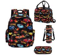 Howilath Personalized Boys Backpack Set 4-in-1, Custom Your Name on Race Car Backpack for Girls with Lunch Bag, Elementary Backpack for School Kids Ages 8-10