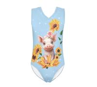 Howilath Pigs Swimming Costume for Beach Summer Seaside Sunflower Rose Floral Blue Thick Strap One Piece Sunsuit for Girls-9-10