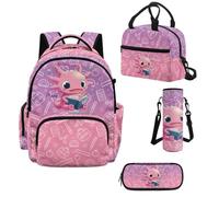 Howilath Pink Axolotl Girls Backpack Set 4 Piece, 17 Inch School Backpack with Insulated Lunch Bag, Elementary Bookbag Ages 8-12