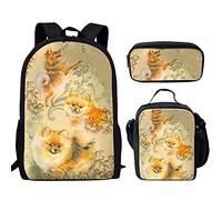 Howilath Pomeranian Dog Classical Floral Backpack with Lunch Bag for Boys Elementary School, 17 Inch Teen Backpack Set Boys School Bags Bookbags 3 in 1 Pencial Case with Lunchbox