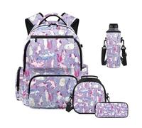 Howilath Purple Girls School Backpack with Lunch Box 4 in 1 Set for Middle School Junior High 10-12 Years School Supplies Cat Stars Knapsack Back Pack Mochila De Niña