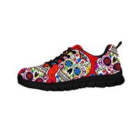 Howilath Red Floral Skull Womens Slip on Trainers, Sugar Skull Flowers Cute Outdoor Fitness Athletic Lace Up Flat Fitness Air Sports Shoes UK 7