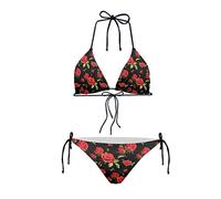 Howilath Red Rose Swimwear Vintage Retro Black Red Rose Floral, Women's 2 Pieces Tie Bathing Suit Bikini Set Top & Bottom-L