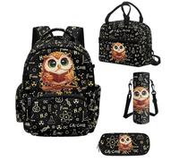 Howilath Science Owl School Backpack for Girls with Lunch Bag Set, 17 Inch Backpack for Elementary Kids, 4 Piece Bookbag Set Ages 8-12