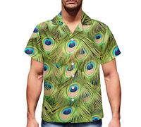 Howilath Short Sleeve Hawaiian Shirt Funny Green Peacock Feather Pattern Holiday Hippie Streetwear Very Loud Men's Cuban Collar Shirts-L