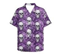 Howilath Skull Aloha Shirt for Hawaii Tropical Travel Hippy Streetwear Purple Flower Skeleton Head Hip Hop Stylish Cuban Shirt-2XL