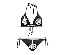 Howilath Skull Bikini 2 Pieces Set, Women's Cool Swimming Costume for Seaside, Funny Gothic Middle Finger Skeleton, Black-XS