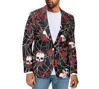 Howilath Skull Blazer Jackets for Men Rose Flower Spider Web Suit Jackets Skeleton Head Floral Button Jacket Black Jacket Coat-2XL
