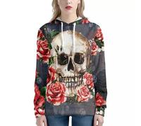 Howilath Skull Couples Womens Pullover Sweatshirt Rose Flower Autumn/Winter Print Pullover Skeleton Floral Grey Hoodies Women-6XL
