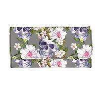 Howilath Skull Floral Grey Womens Leather Flap Wallet Clutch Organizer, Ladies Wallets Trifold Large Capacity