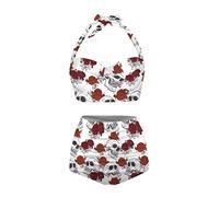 Howilath Skull Head Rose Flower White Bathing Suit 2 Pcs Swimsuit Comfy Bikini Top and Bottom Soft Beach Wear for Women-XL