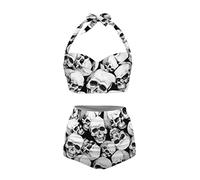 Howilath Skull Head Swimming Costume 2 Pcs 1 Set Swimsuit Skeleton Head Bikini Soft Beach Wear Casual Swimwear for Women-2XL