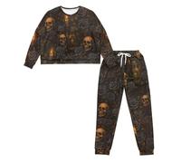 Howilath Skull Pyjama Sets for Women UK 2 Piece Long Sleeve Pjs Crew Neck Sleepwear with Pockets Drawstring Pajama Pants Rose Skeleton Halloween Pijama Set