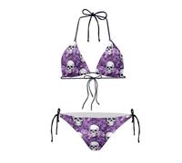Howilath Skull Swimwear Purple Flower Women's 2 Pieces Tie Bathing Suit Skeleton Head Floral Bikini Set Padded Top&Tie Side Bottom-L