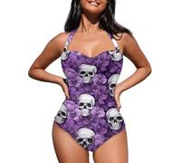 Howilath Skull Women Halter Tankini Purple Flower Bikini One Piece Bathing Suit Skeleton Head Floral Swimming Costume-XL