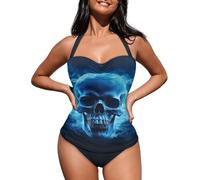 Howilath Skull Women's Halter Swimming Costume Blue Fire Skeleton Head Bikini Halter Tankini Black One Piece Swimwear-2XL