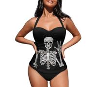 Howilath Skull Womens Swimwear Skeleton Bathing Suit Halter Swimming Costume Black Tummy Control Bikini One Piece Swimsuit-XL