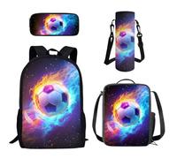 Howilath Soccer Kids Backpack Set 4Pcs School Bag for Boys Middle High School Bookbag with Lunch Bag and Water Bottle Carrier Pencil Case