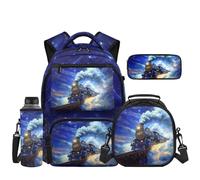 Howilath Starry Sky Train Kids Backpack Set 4 Piece with Lunch Compartment Pencil Case Water Bottle Sleeve Elementary School Backpacks Mochila Niña