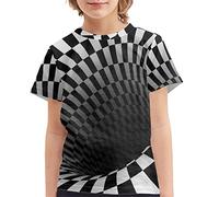 Howilath Stylish T Shirt Boys Students Age 14 Black White Plaid 3D Hole Vortex Print, Funny Cool Streetwear, Lattice 3D Whirlpool, Age 11-12