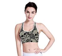 Howilath Sugar Skull Crop Top for Aerobics/Training/Workout/Dancing, Grey Floral Skull Gothic Longline Leisure Sports Bra Padded -L