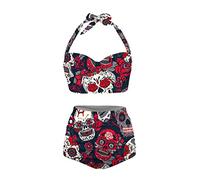 Howilath Sugar Skull Head Flower White Bathing Suit 2 Pcs Swimsuit Skeleton Head Floral Bikini Top and Bottom for Women -XL