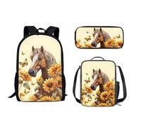 Howilath Sunflower Horse Print Kids School Bags Set Lunch Bag Pencil Case Boys Girls Backpack for Camping School Elementary Primary School Teens Bookbags