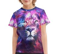 Howilath Unisex Kids Casual T-Shirt Short Sleeve Tops, Very Loud Pink Blue Starry Night Lion Galaxy Animal 3D Print Tee Shirt, Age 5-6