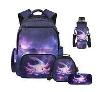 Howilath Universe Galaxy Axolotl Girls School Backpack 4 in 1 Set Backpack with Lunch Box Pencil Case Neoprene Water Bottle Sleeve Middle School Backpacks for Girls
