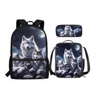 Howilath Wolf Backpack for Kids with Lunch Box 3 in 1 School Bag/Lunch Bag/Pencil Case for Primary School Girls Bookbag and Lunchbox Set